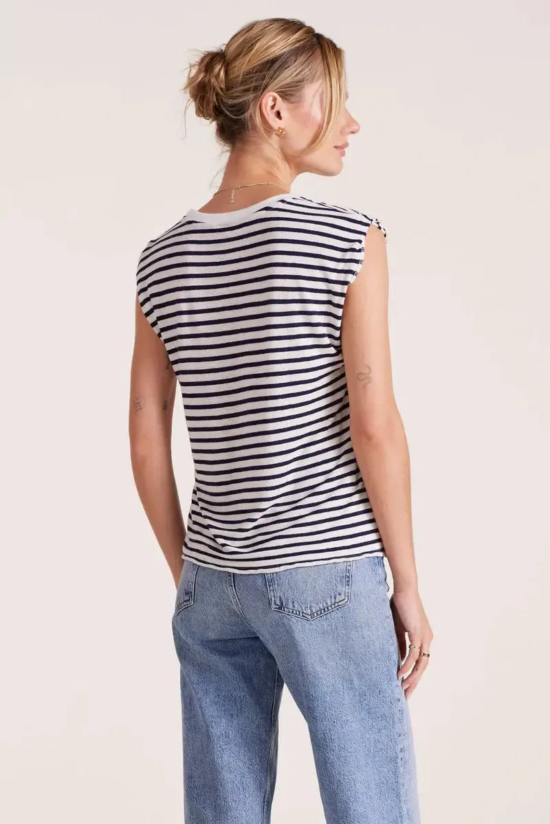 Bobi Sleeveless Crewneck Tee- Navy Stripe ***FINAL SALE***-Hand In Pocket
