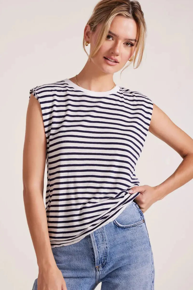 Bobi Sleeveless Crewneck Tee- Navy Stripe ***FINAL SALE***-Hand In Pocket