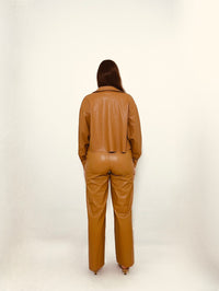 Astrid Nora Vegan Leather Jacket- Camel-Hand In Pocket