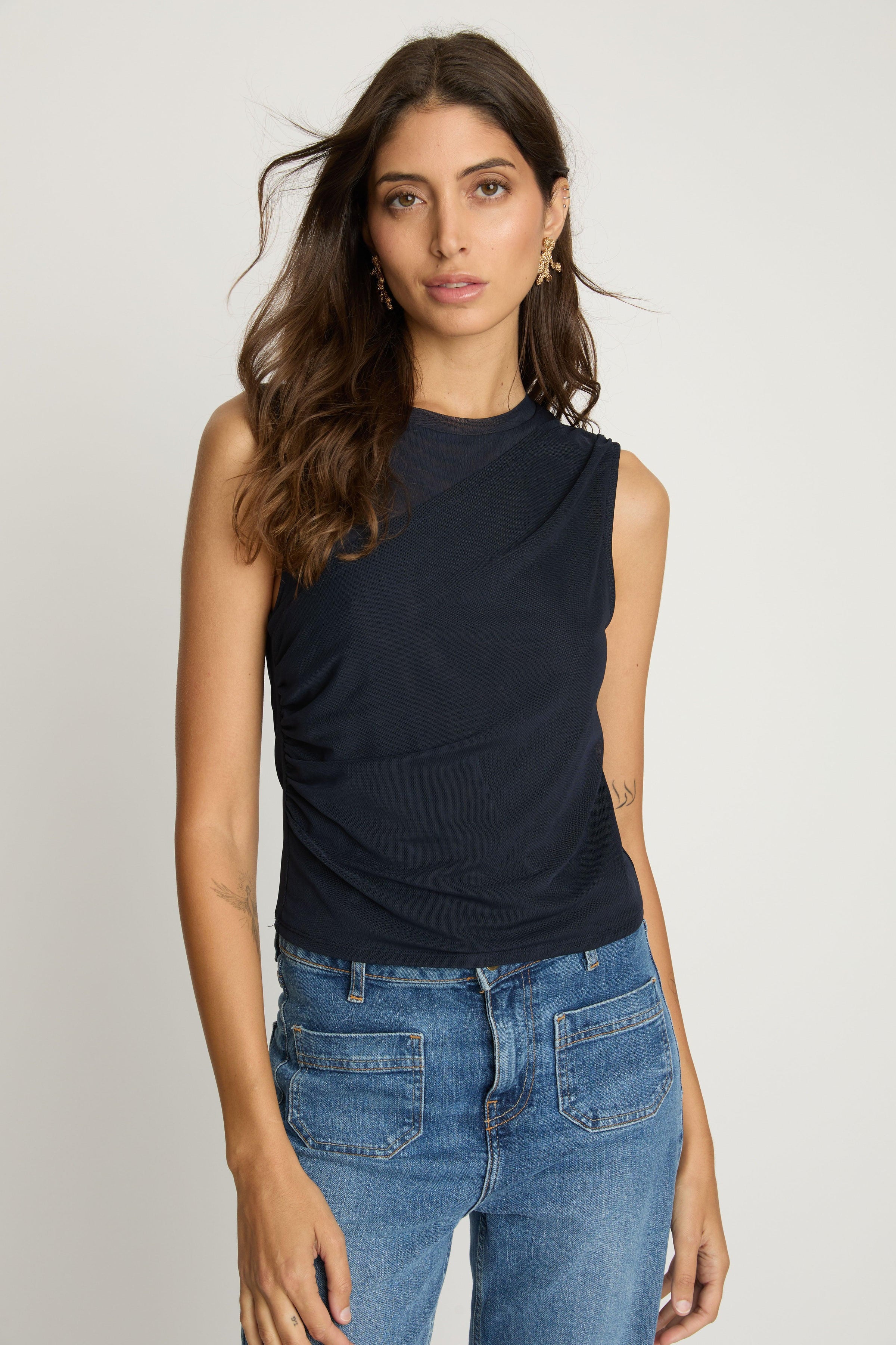Caballero Devi Top - Navy-Hand In Pocket