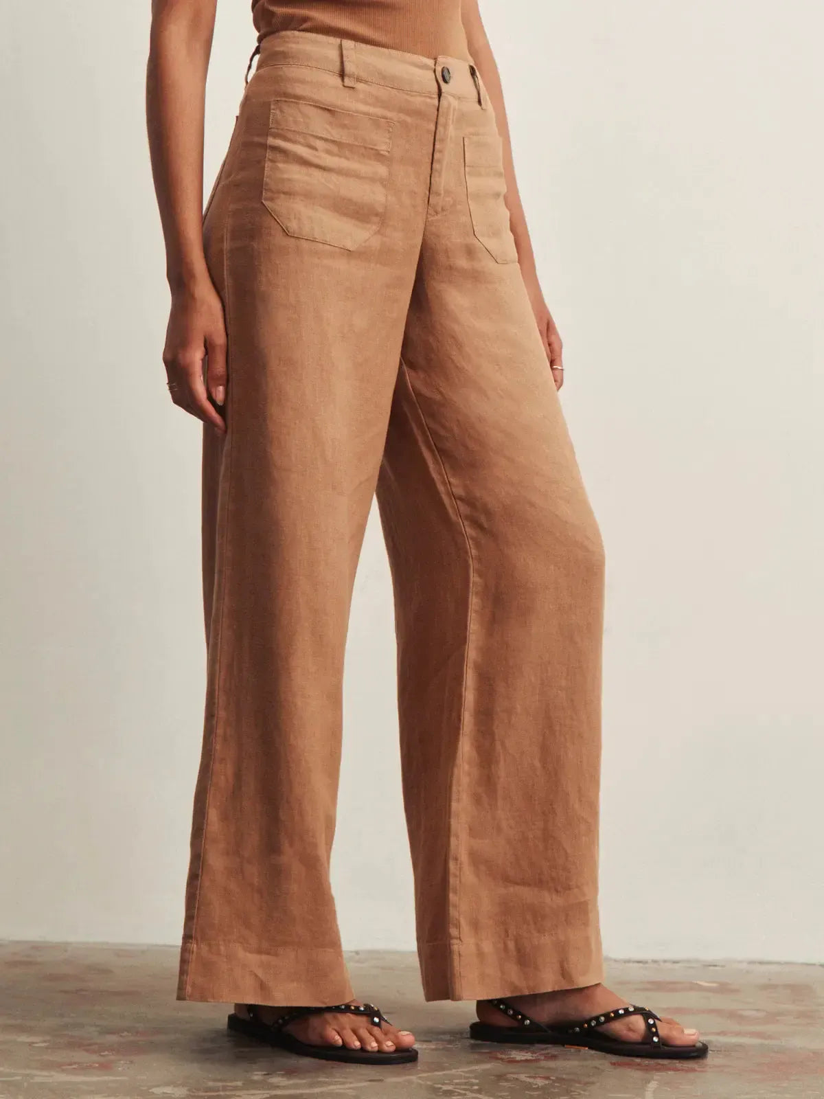 Sanctuary The Linen Marine Wide Leg - Toasted Coconut-Hand In Pocket