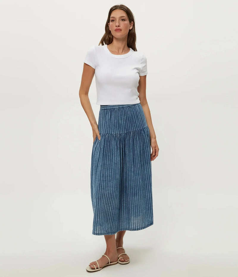 Michael Stars Emi Dro Skirt - Indigo Stripe-Hand In Pocket