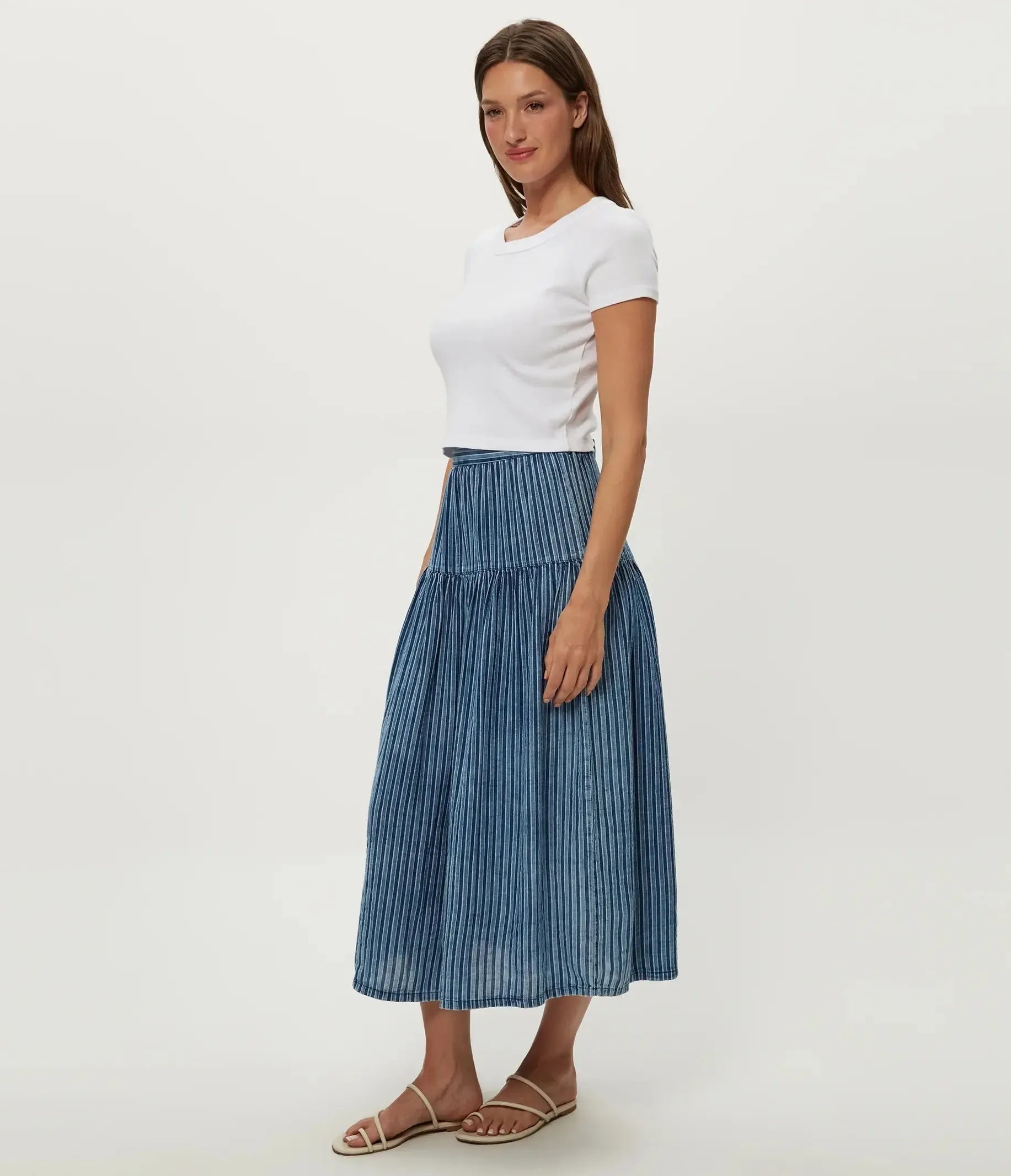 Michael Stars Emi Dro Skirt - Indigo Stripe-Hand In Pocket