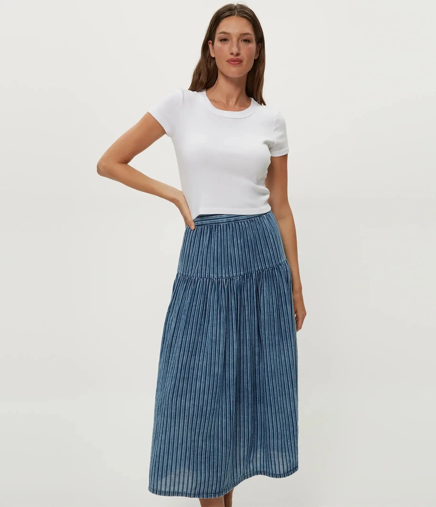 Michael Stars Emi Dro Skirt - Indigo Stripe-Hand In Pocket