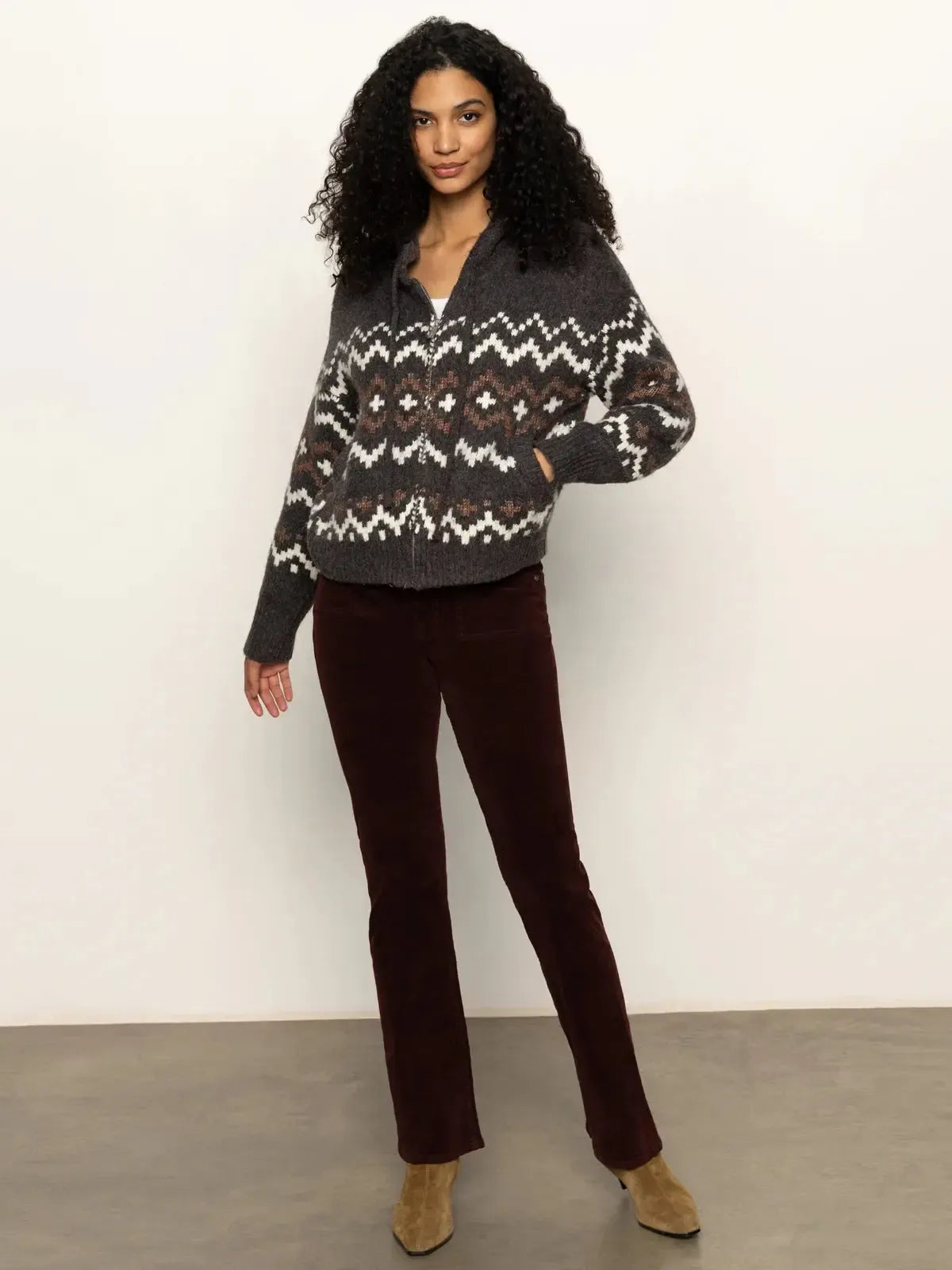 Sanctuary Zip Up Fairisle - Mocha-Hand In Pocket