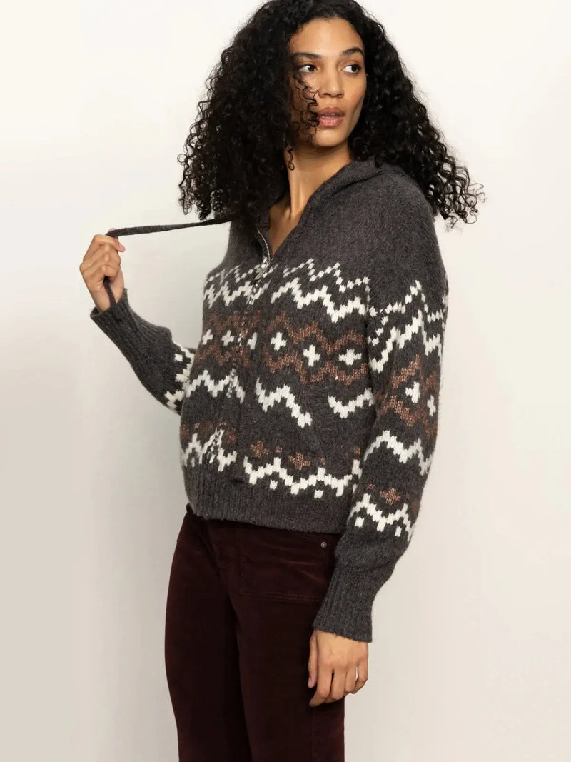 Sanctuary Zip Up Fairisle - Mocha-Hand In Pocket