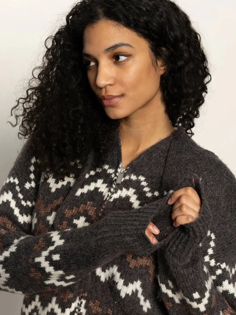 Sanctuary Zip Up Fairisle - Mocha-Hand In Pocket