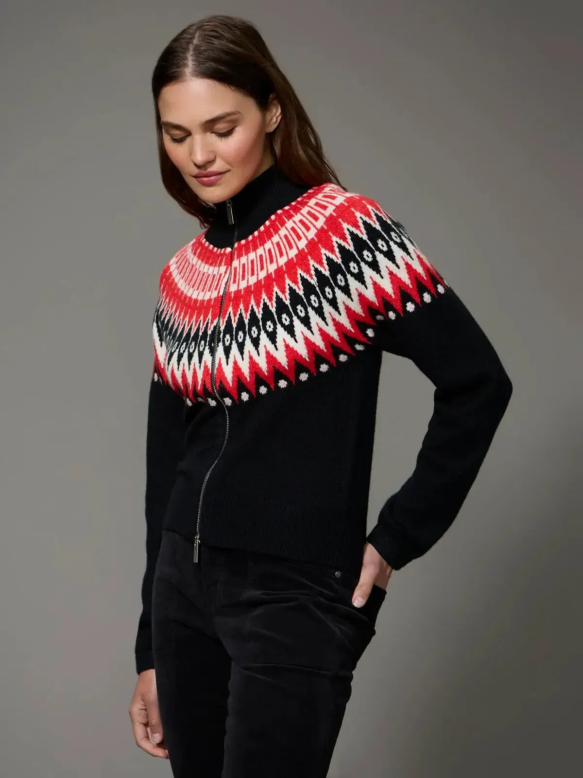 Sanctuary L/S ZIP Up Cardigan - Red Poconos Fair Isle-Hand In Pocket