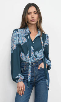Greylin Cierra Tie Neck Blouse- Teal