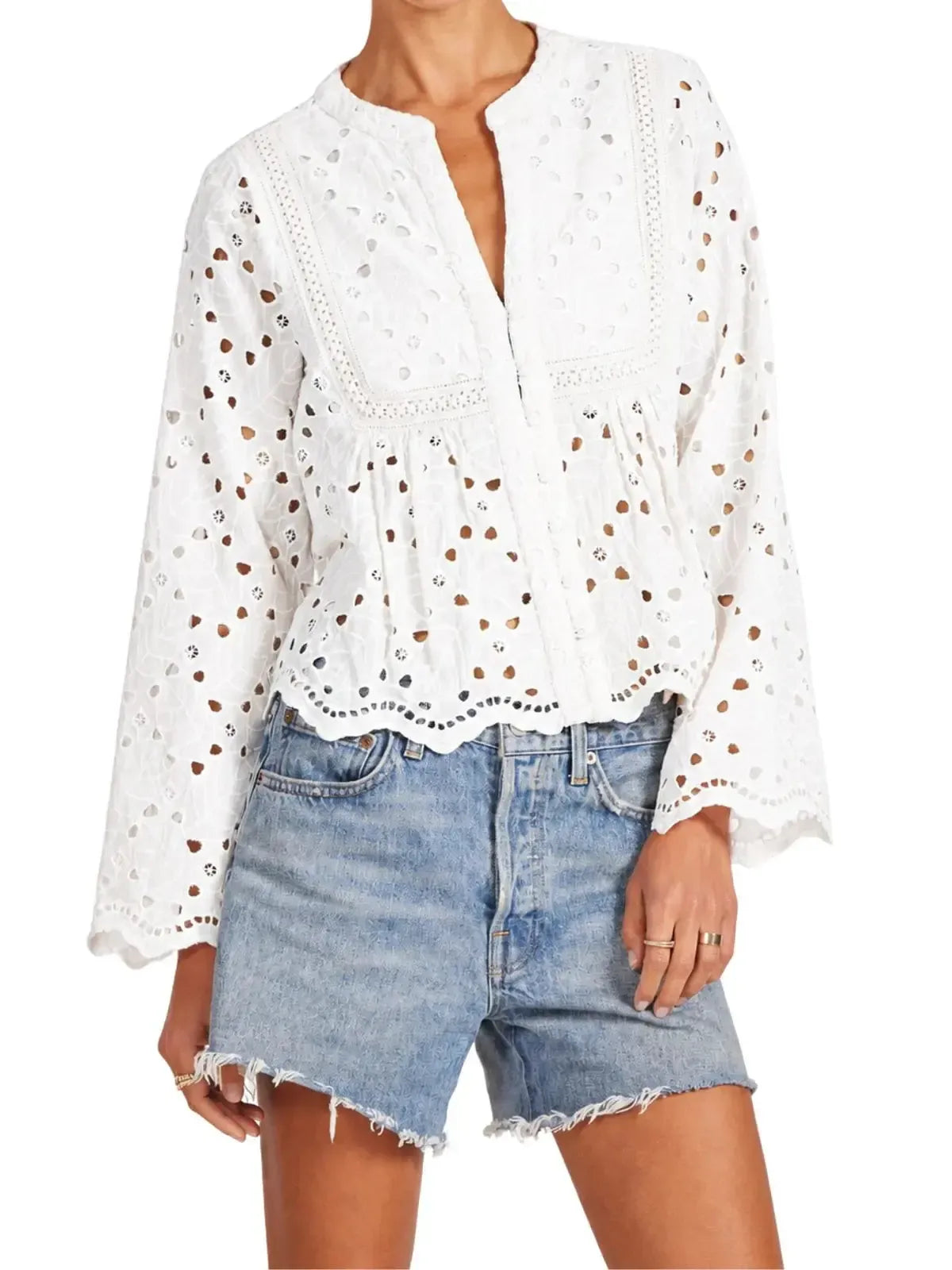 Bobi Lace Trim Button Up Top - White