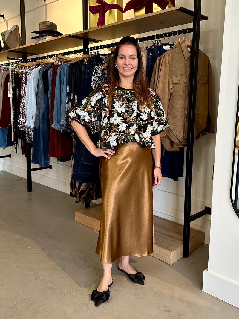 THML Holly Floral Sequin Top- Black-Hand In Pocket