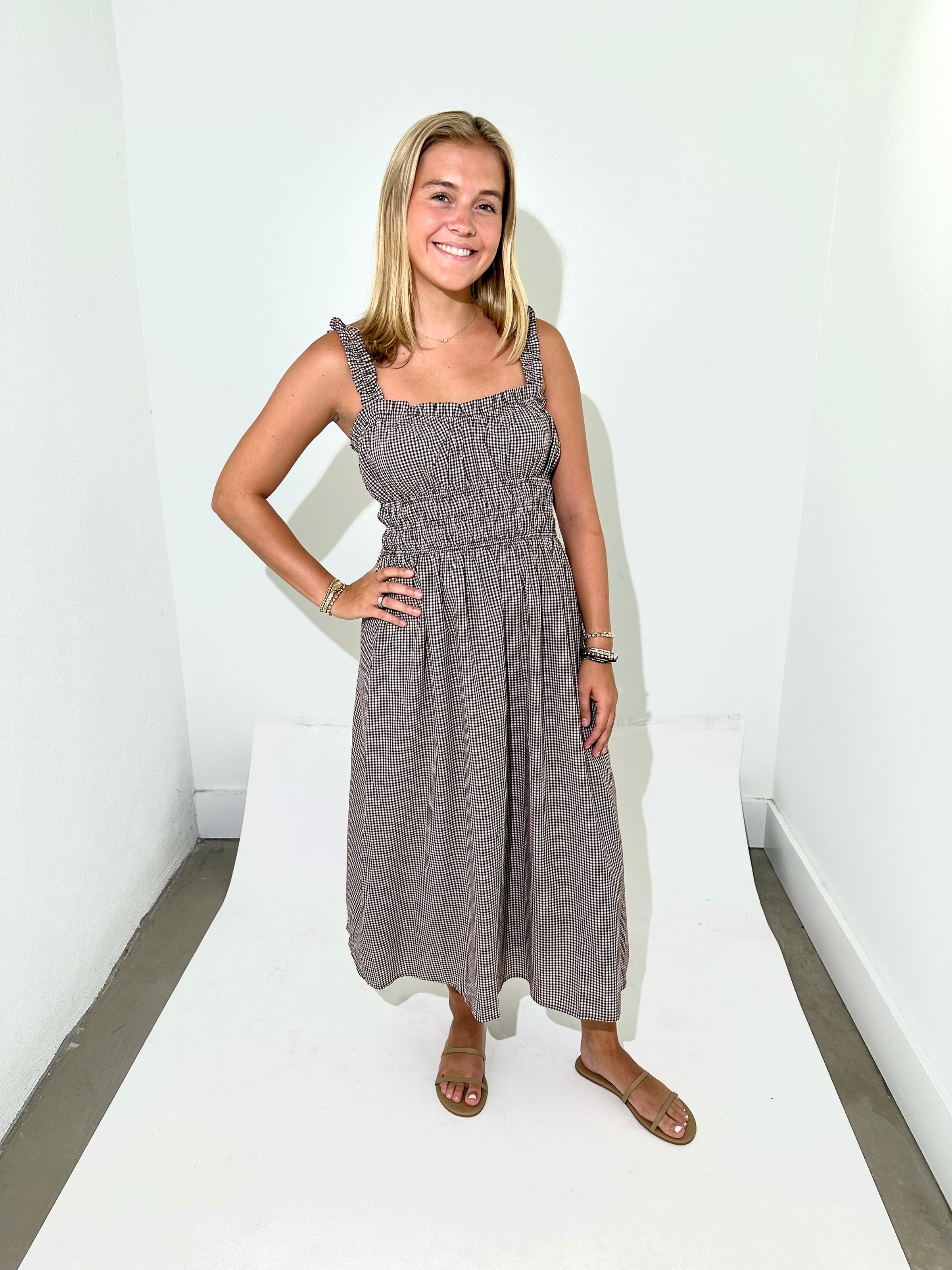 Gingham Maxi Dress- Brown Hand In Pocket Gingham Maxi Dress- Brown Hand In Pocket