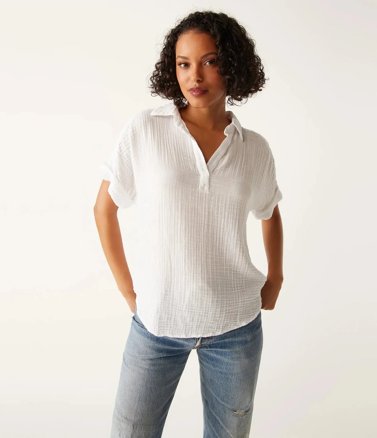 Michael Stars Gigi Popover- White-Hand In Pocket
