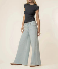 KUT Blake High Rise Fab AB Super Wide Leg Raw Hem Denim - Sensual-Hand In Pocket