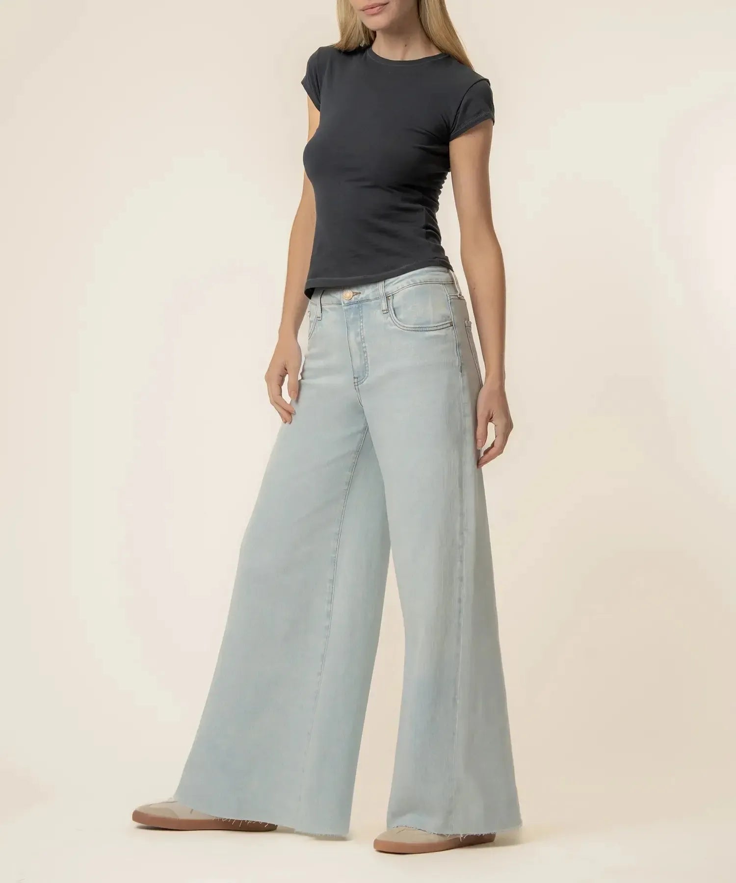 KUT Blake High Rise Fab AB Super Wide Leg Raw Hem Denim - Sensual-Hand In Pocket