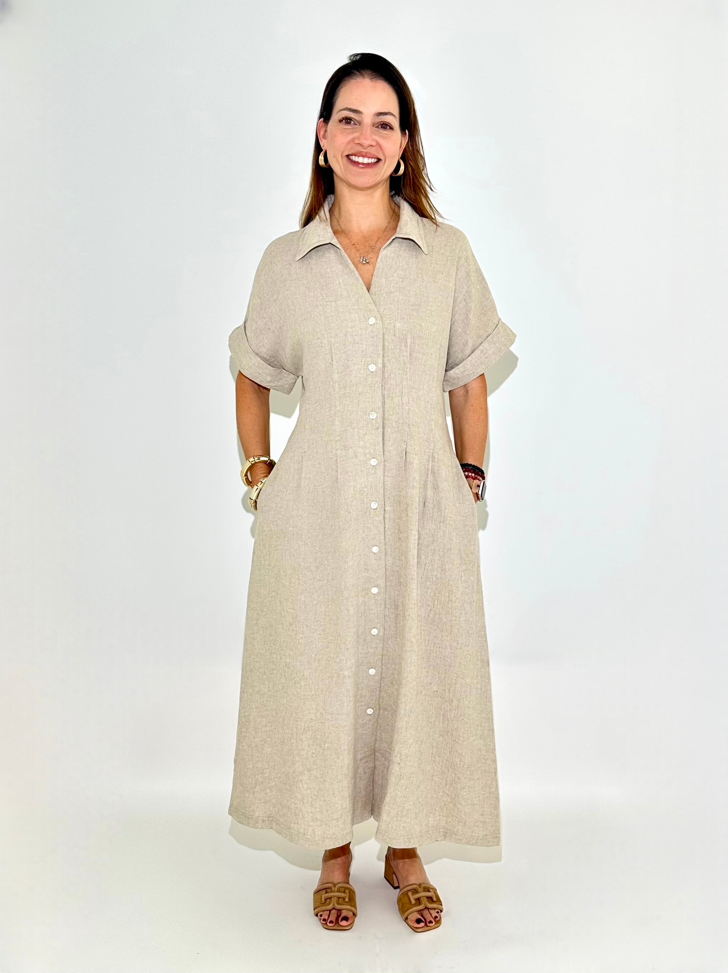 THML Ariel Button Down Midi Dress - Beige-Hand In Pocket