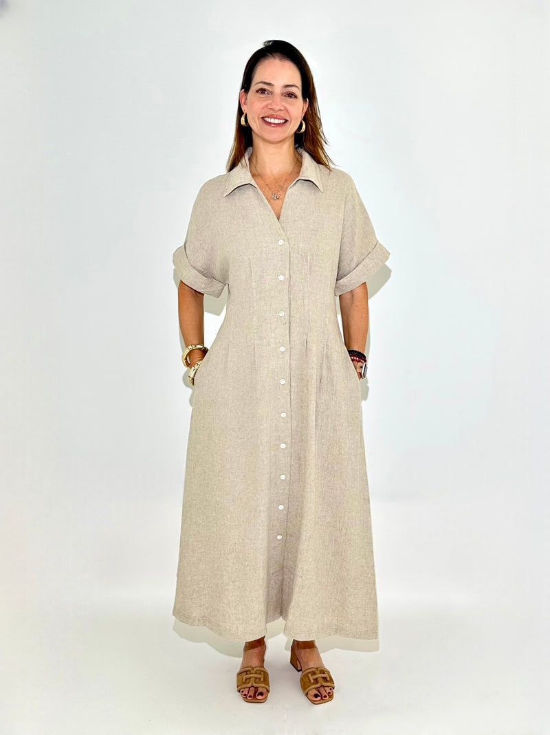 THML Ariel Button Down Midi Dress - Beige-Hand In Pocket