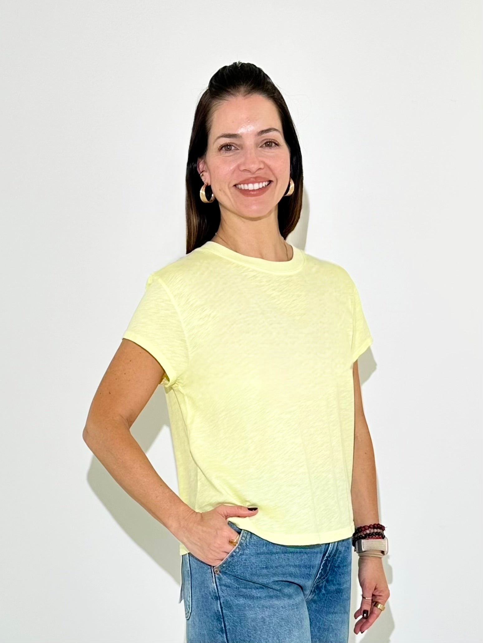 Michael Stars Grayson Cropped Crewneck - Buttercup-Hand In Pocket