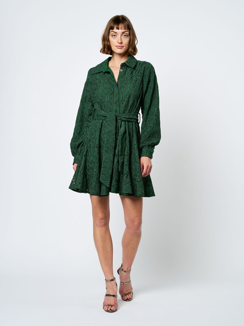Ciebon Embroidered Lace Shirt Dress - Green-Hand In Pocket