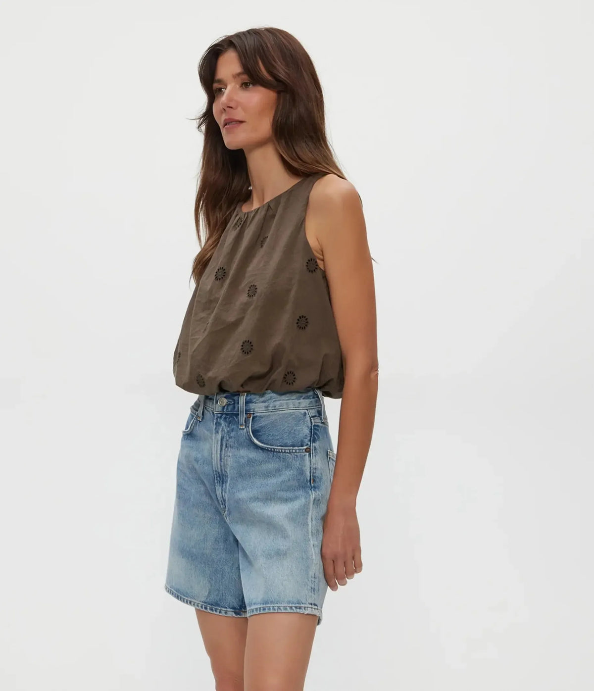 Michael Stars Hazel Bubble Top- Kalamata-Hand In Pocket