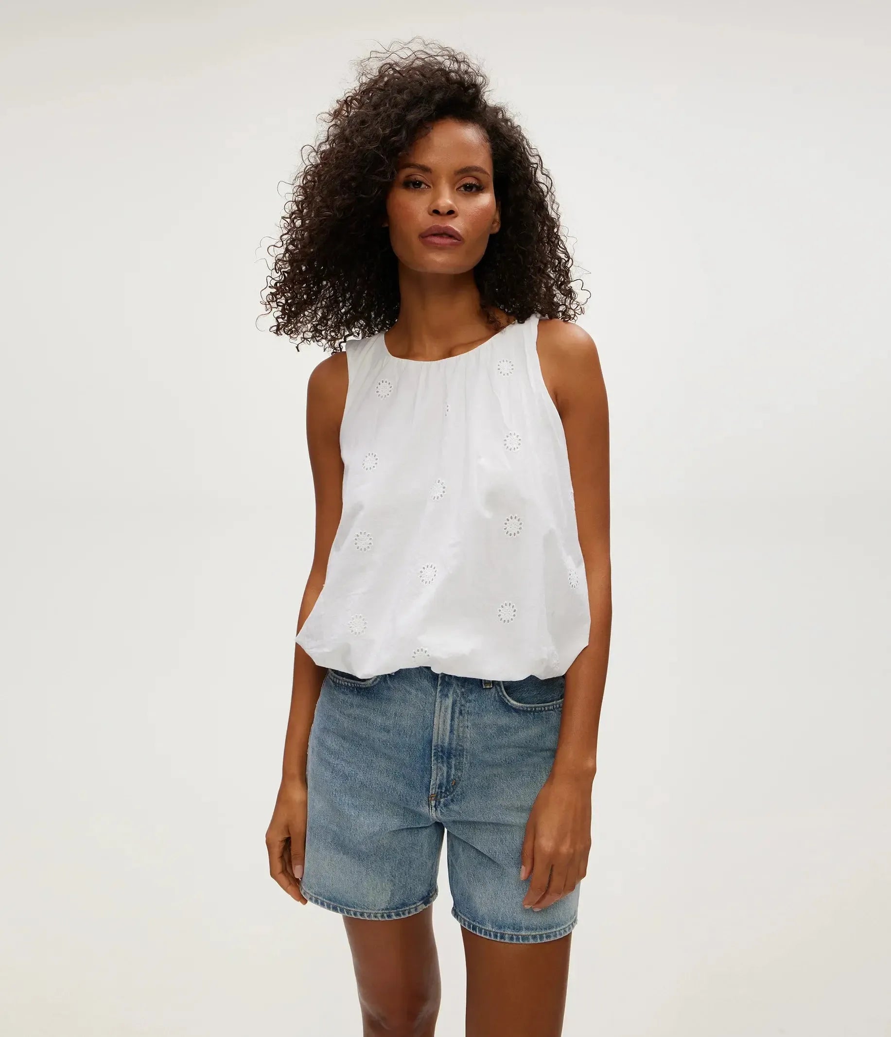 Michael Stars Hazel Bubble Top- White-Hand In Pocket