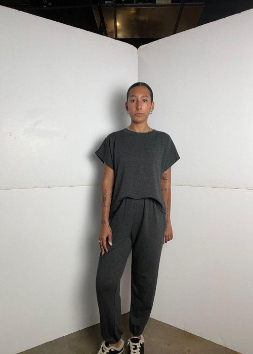 Elan Moira Jumpsuit - Charcoal-Hand In Pocket