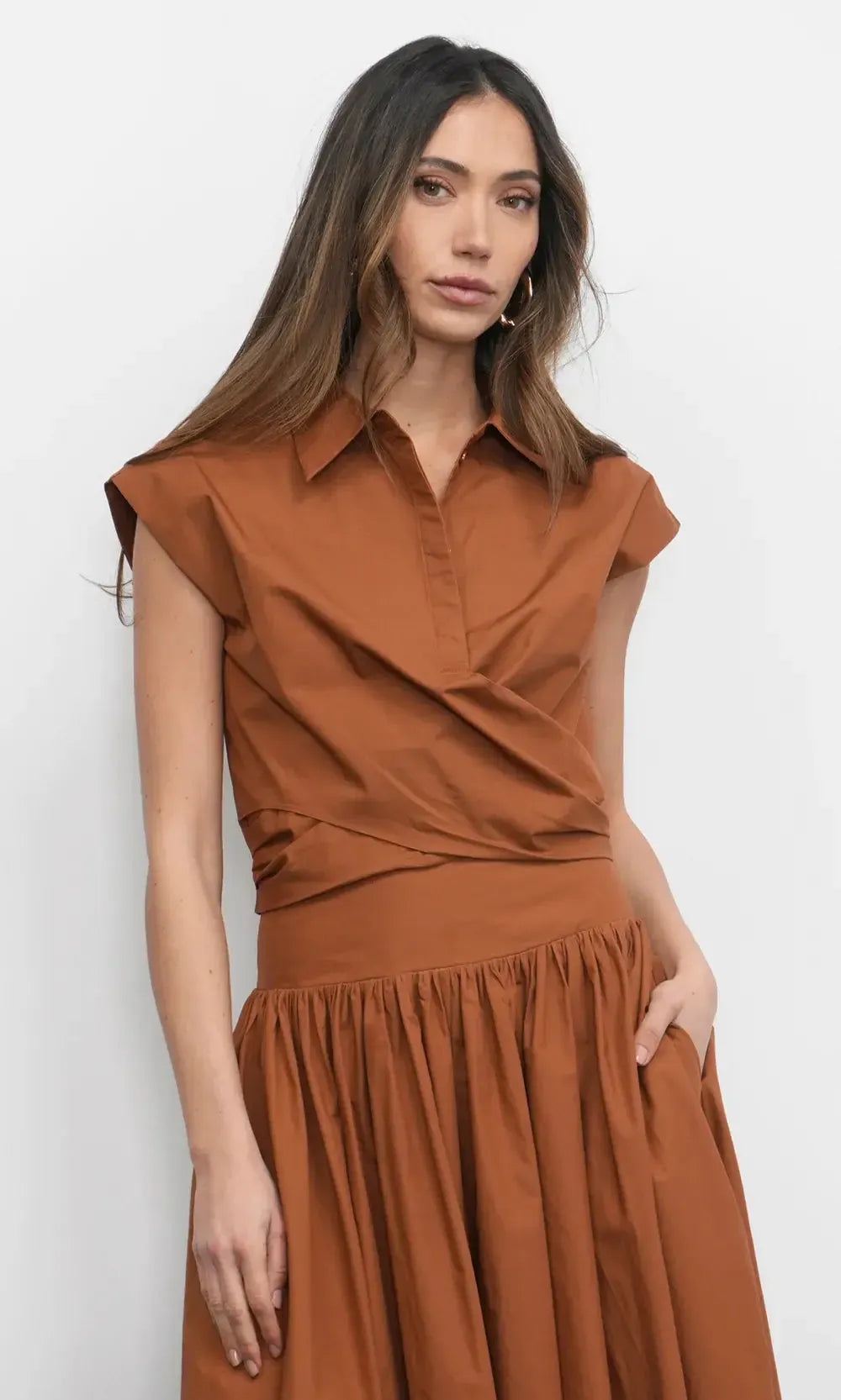 Greylin Eloise Wrap Front Top- Camel-Hand In Pocket