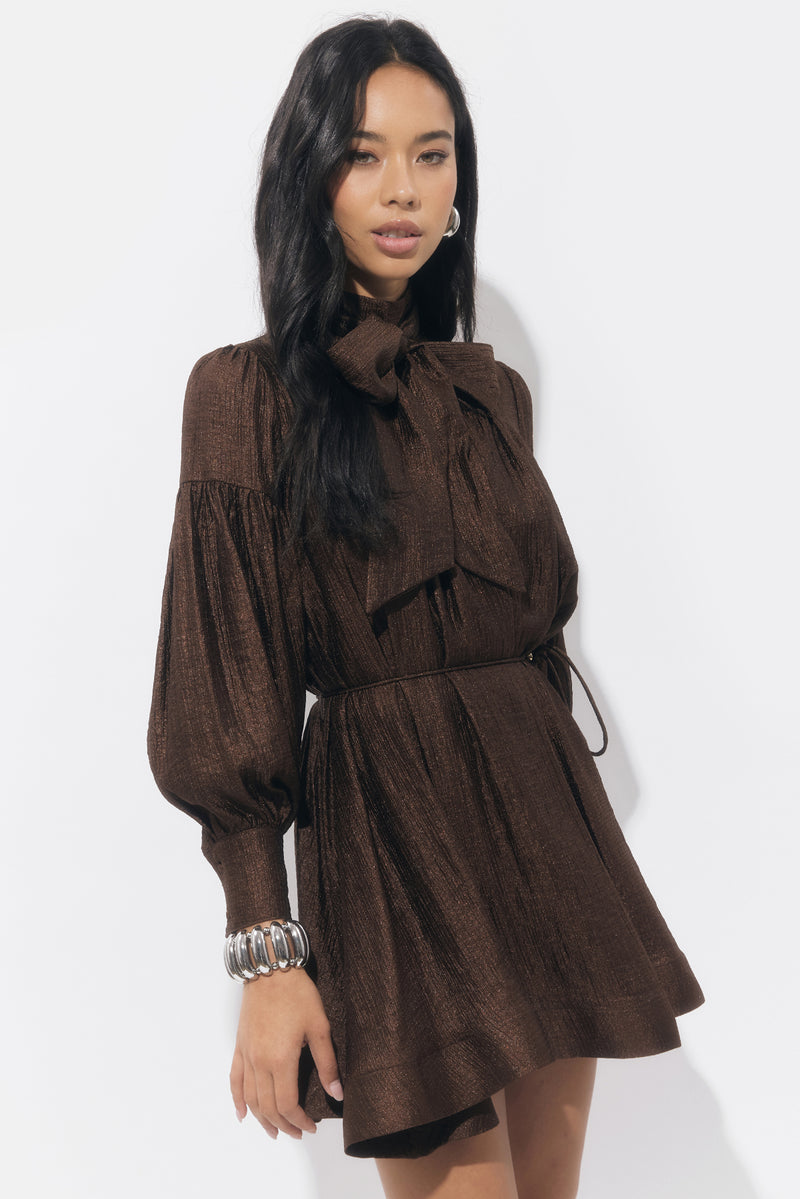 Adelyn Rae Daphne Bow Mini Dress - Chocolate Brown-Hand In Pocket