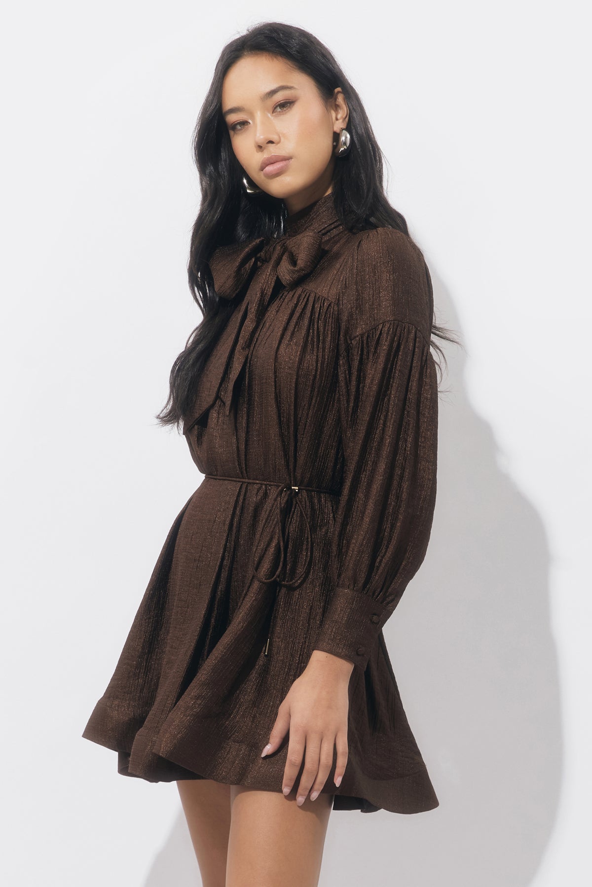 Adelyn Rae Daphne Bow Mini Dress - Chocolate Brown-Hand In Pocket