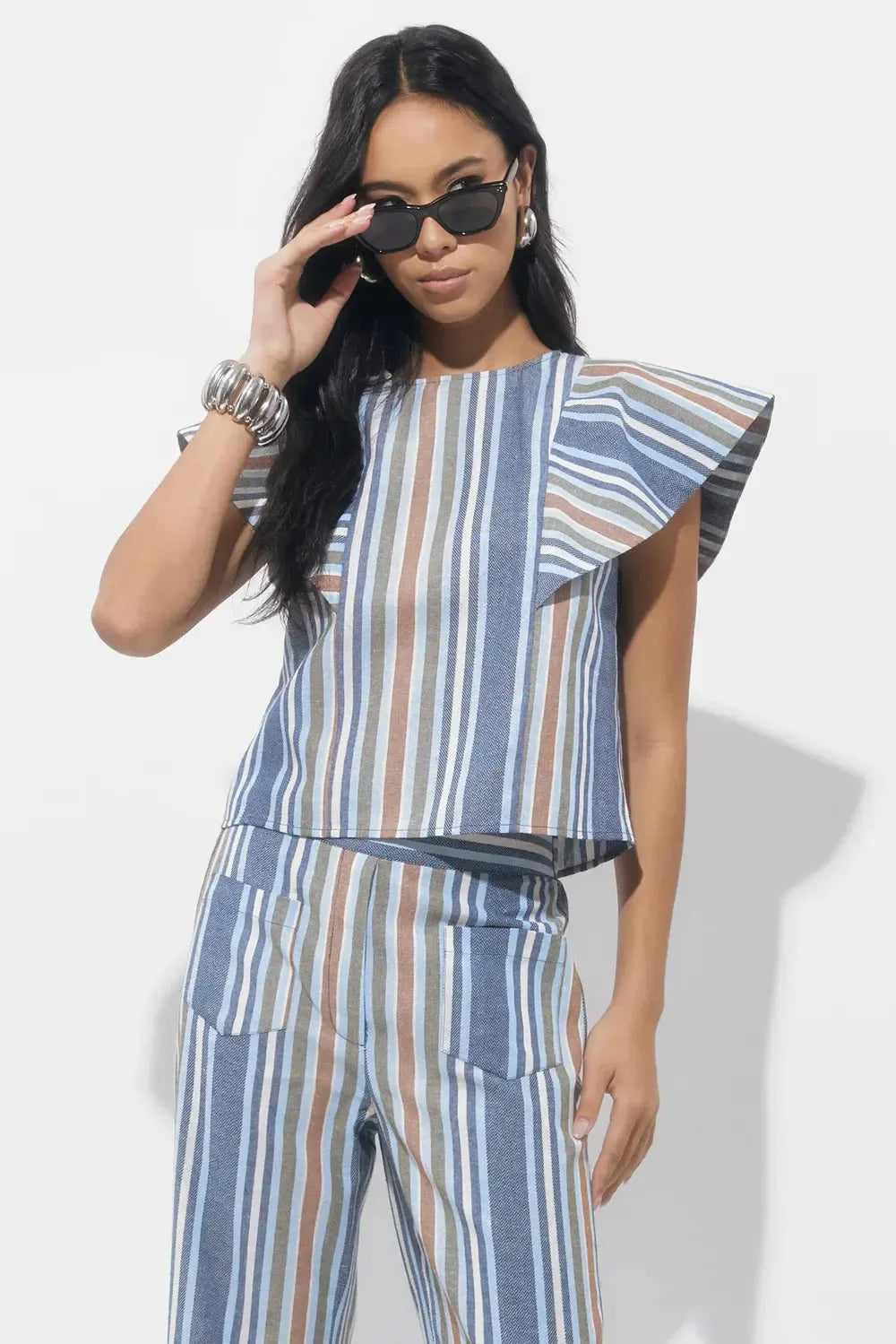 Adelyn Rae Palma Stripe Top - Denim Blue-Hand In Pocket