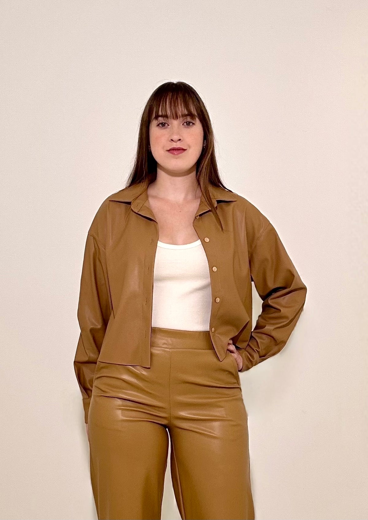 Astrid Nora Vegan Leather Jacket- Camel-Hand In Pocket