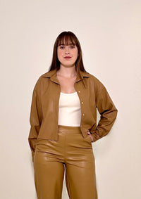 Astrid Nora Vegan Leather Jacket- Camel-Hand In Pocket