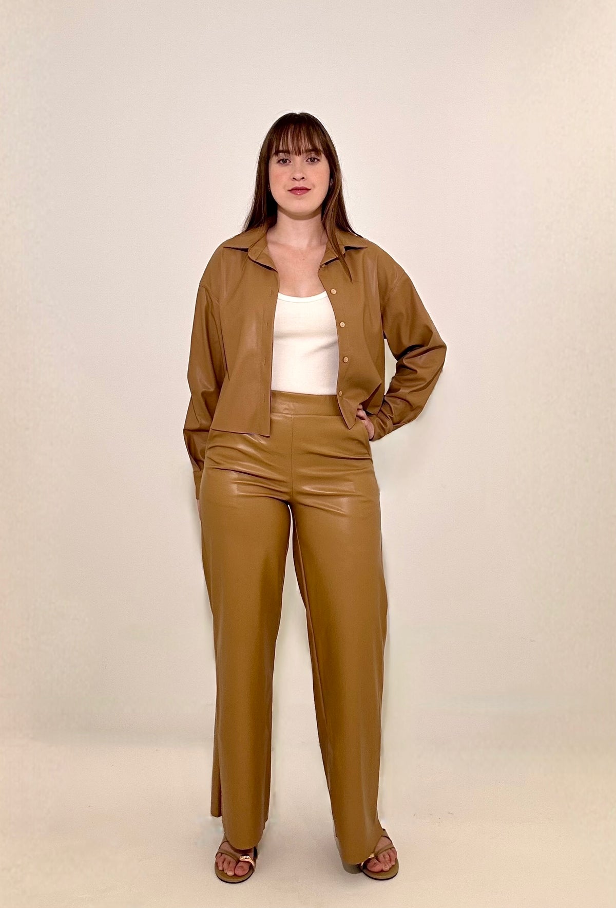 Astrid Nora Vegan Leather Jacket- Camel-Hand In Pocket