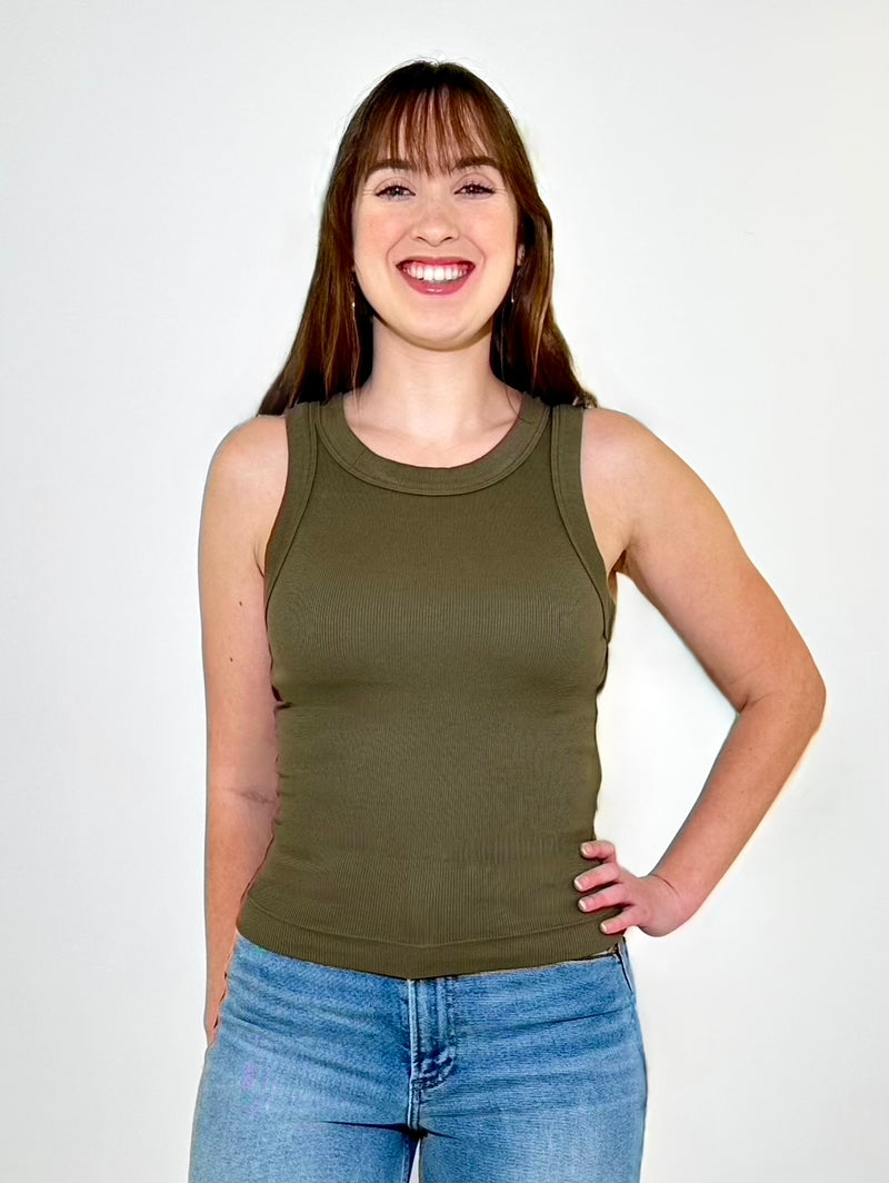 Michael Stars Gina Wide Binding Crop Tank - Caper-Hand In Pocket