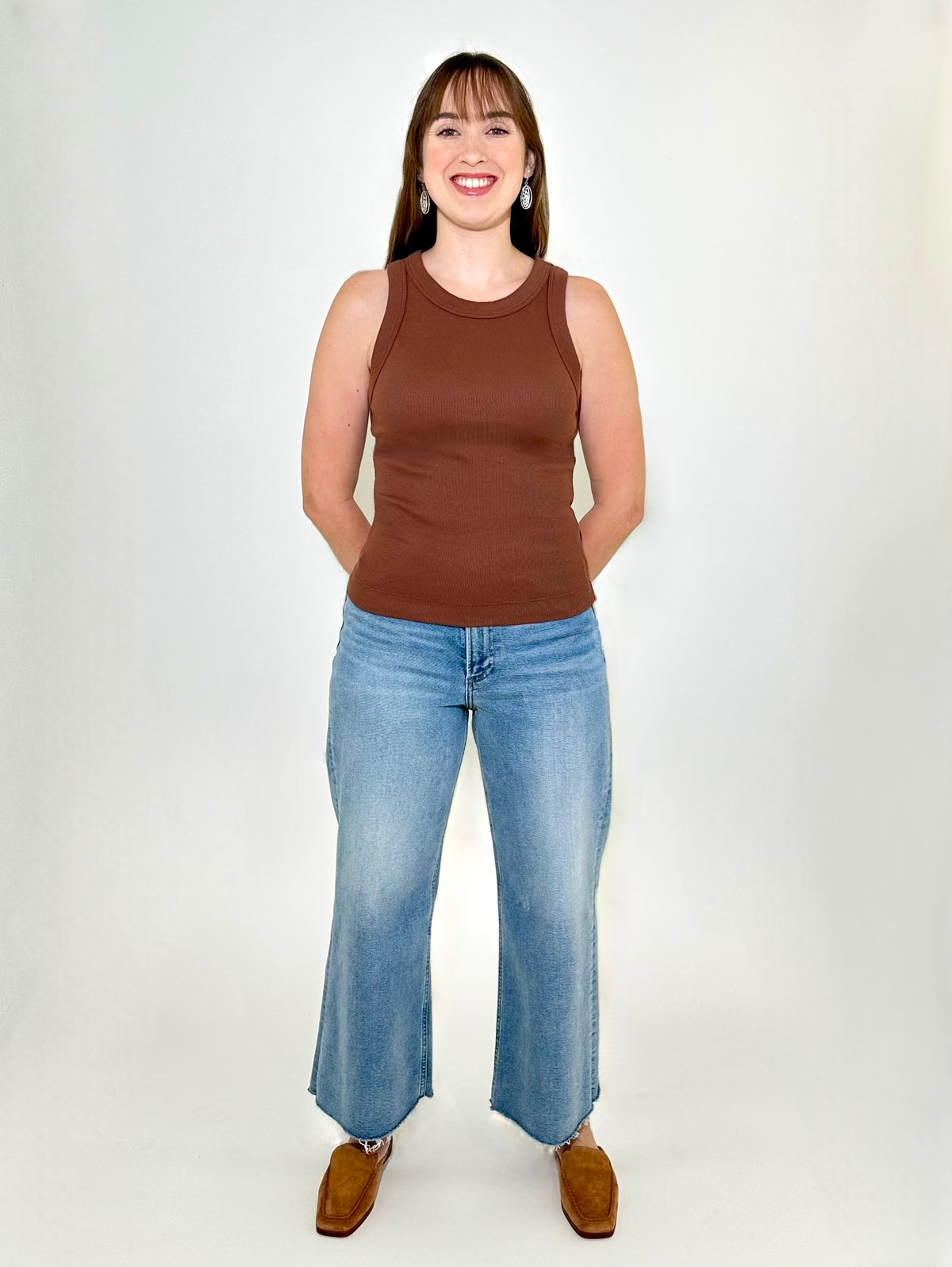 Michael Stars Gina Wide Binding Crop Tank - Bark-Hand In Pocket