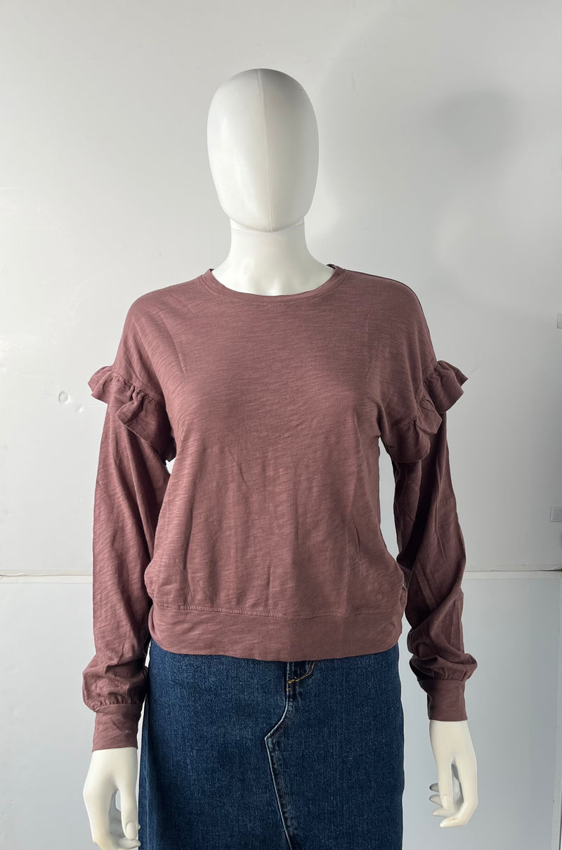 Bobi Ruffle Sleeved Crew Neck Top - Chicory-Hand In Pocket