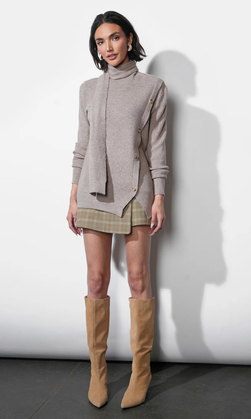 Greylin Acacia Scarf Neck Asymmetric Button Up Sweater - Almond