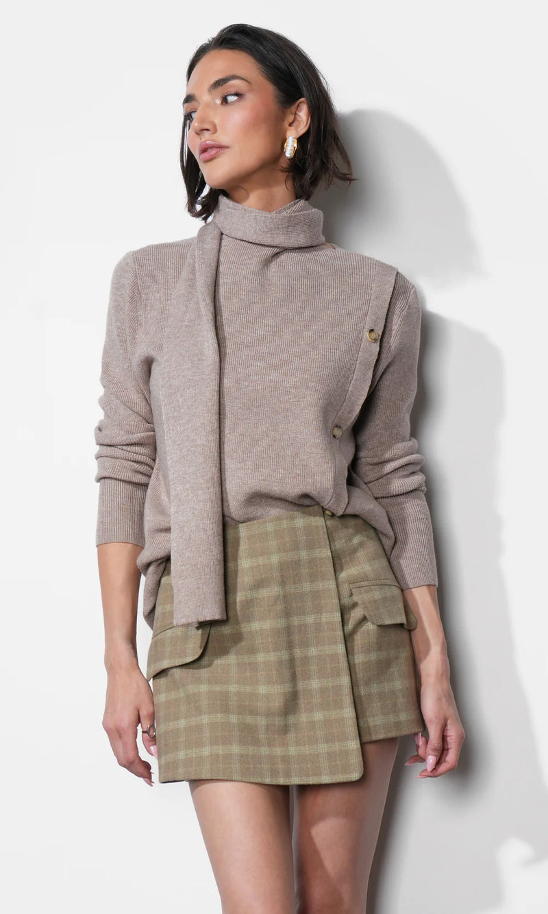 Greylin Acacia Scarf Neck Asymmetric Button Up Sweater - Almond
