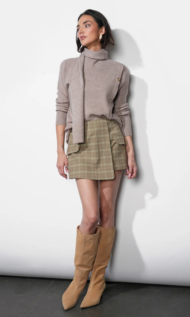 Greylin Acacia Scarf Neck Asymmetric Button Up Sweater - Almond