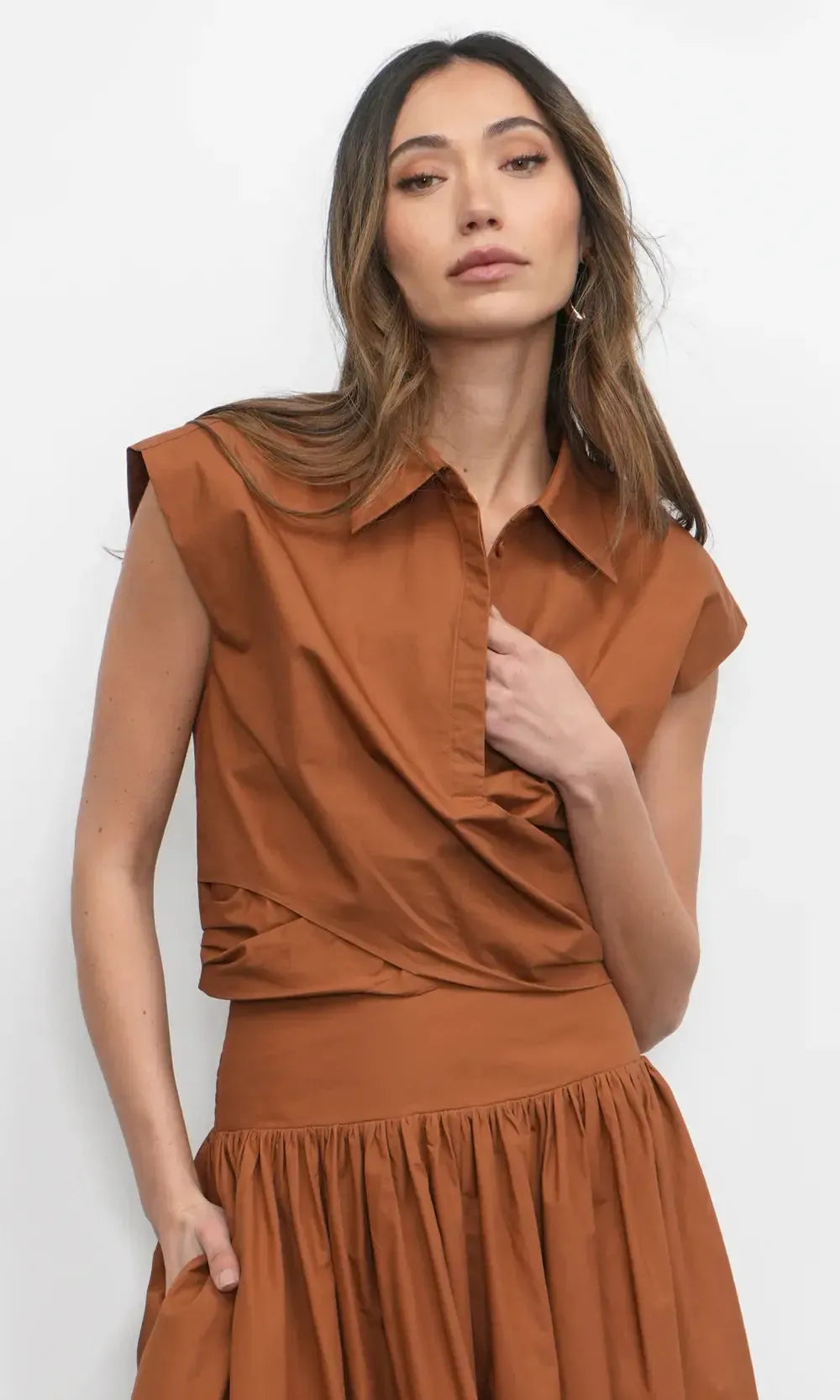 Greylin Eloise Wrap Front Top- Camel-Hand In Pocket