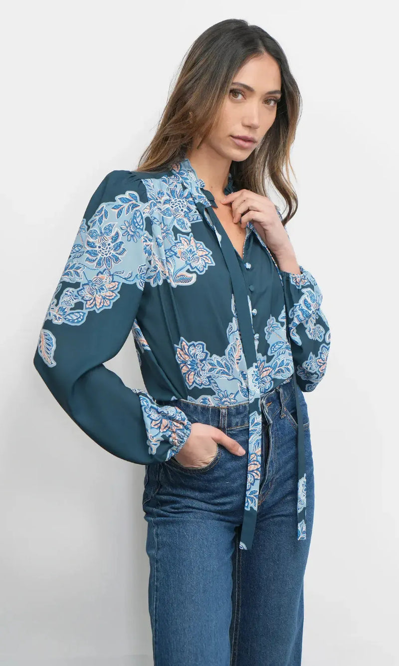 Greylin Cierra Tie Neck Blouse- Teal