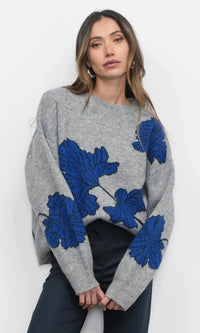 Greylin Bennett Flower Sweater- Grey/ Sapphire