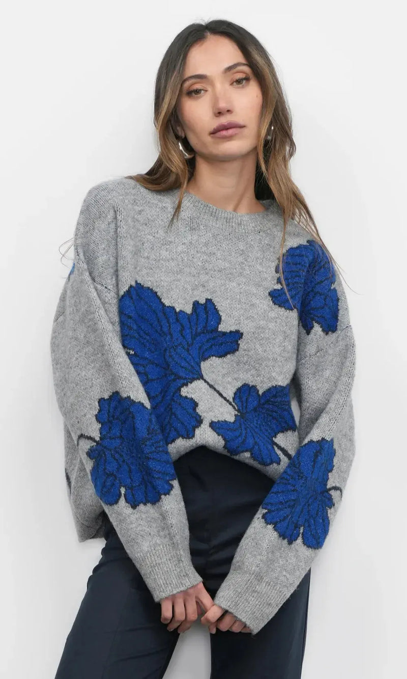 Greylin Bennett Flower Sweater- Grey/ Sapphire