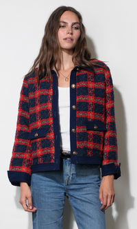 Greylin Morgan Tweed Jacket With Denim Detail - Red/Denim-Hand In Pocket