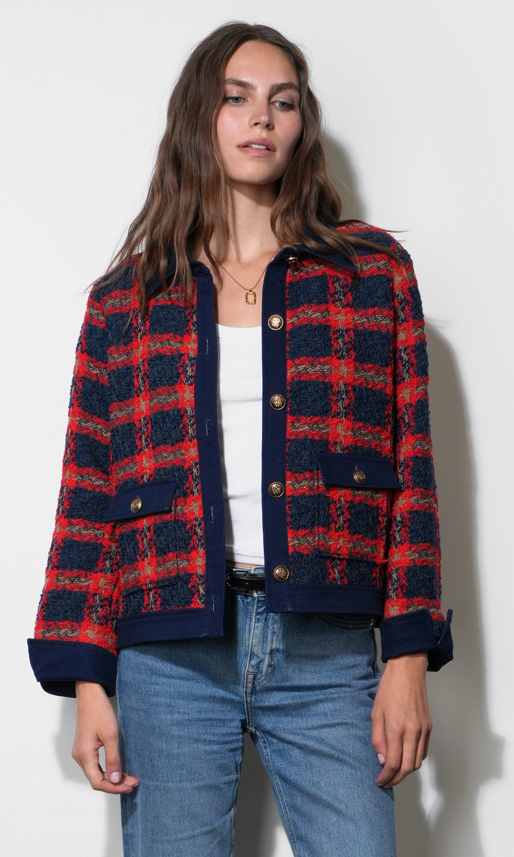 Greylin Morgan Tweed Jacket With Denim Detail - Red/Denim-Hand In Pocket