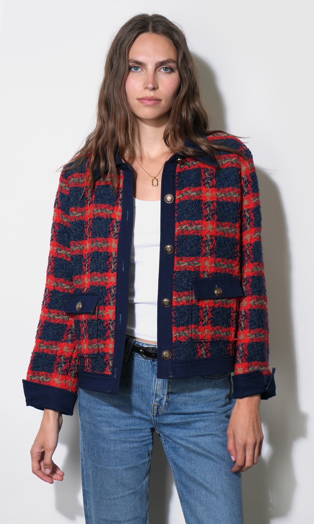 Greylin Morgan Tweed Jacket With Denim Detail - Red/Denim-Hand In Pocket
