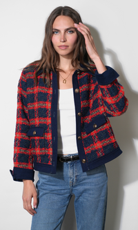 Greylin Morgan Tweed Jacket With Denim Detail - Red/Denim-Hand In Pocket