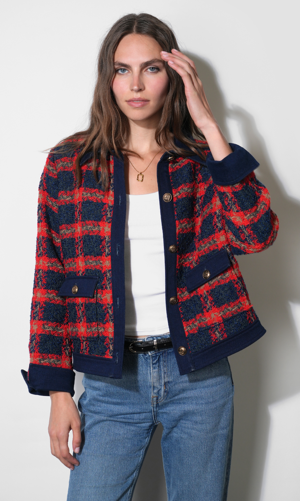 Greylin Morgan Tweed Jacket With Denim Detail - Red/Denim-Hand In Pocket
