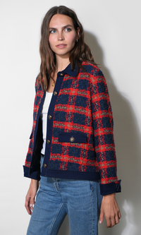 Greylin Morgan Tweed Jacket With Denim Detail - Red/Denim-Hand In Pocket