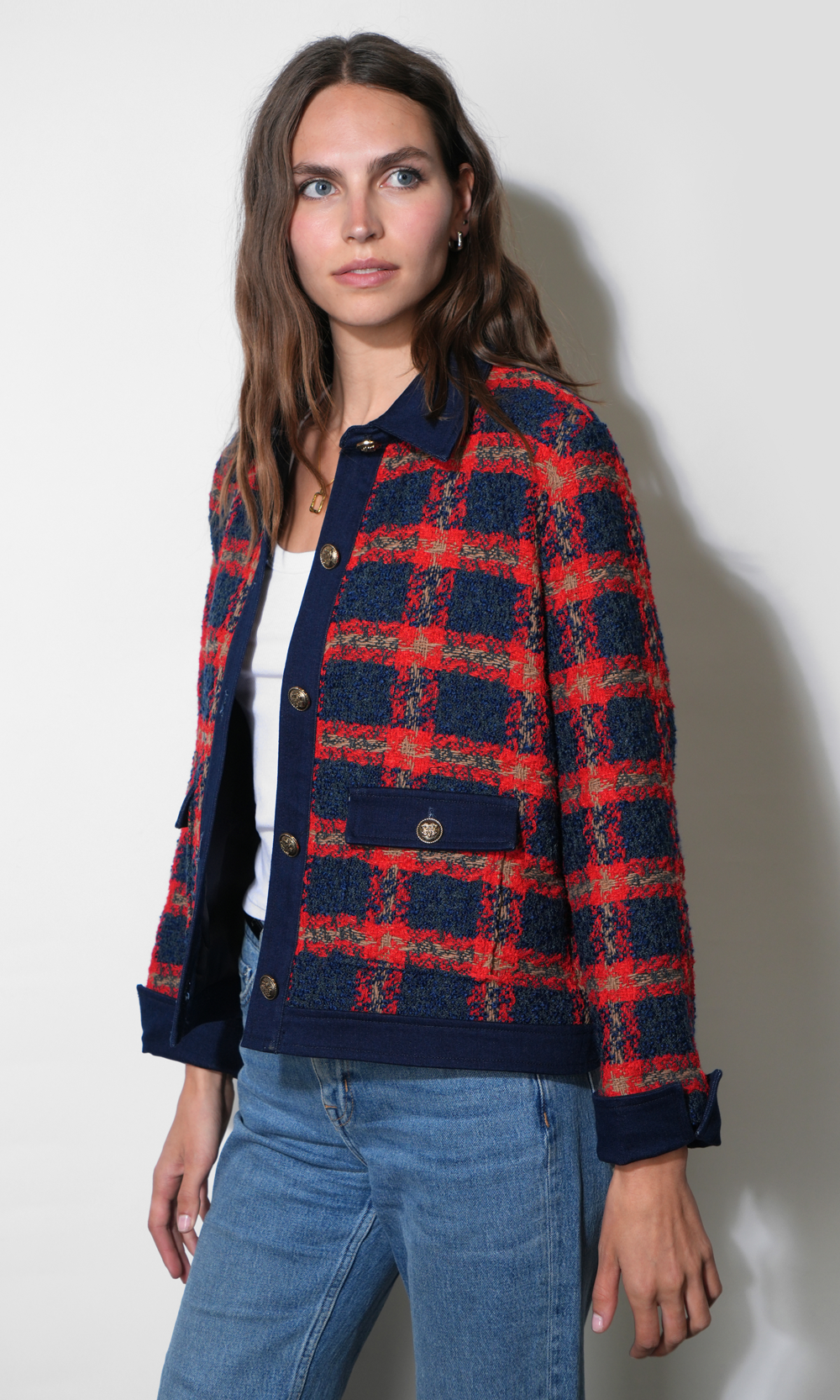 Greylin Morgan Tweed Jacket With Denim Detail - Red/Denim-Hand In Pocket